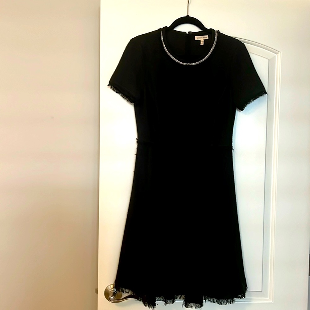 Black Tweed Short-Sleeve A-Line Dress with Fringe Trim